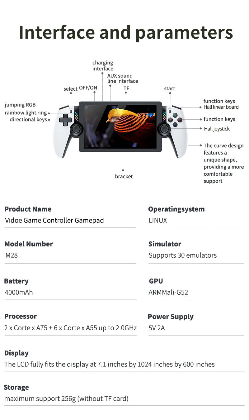 Retro Handheld Game Portable Console 7.1 Inch LCD HD Screen 30+