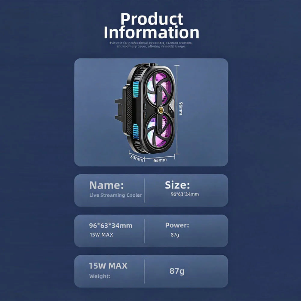 RGB Phone Cooler Fan Temperature Display Dual Chip Cooling Device For
