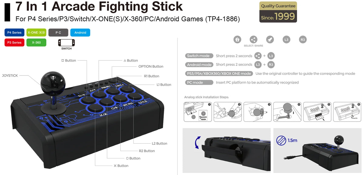 Arcade Fighting Stick 1886,wired Game Joystick Controller For
