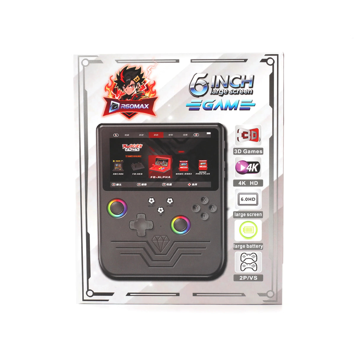 FLLTF MAX Retro Handheld Game Console 6 Inch IPS Screen Mini Retro