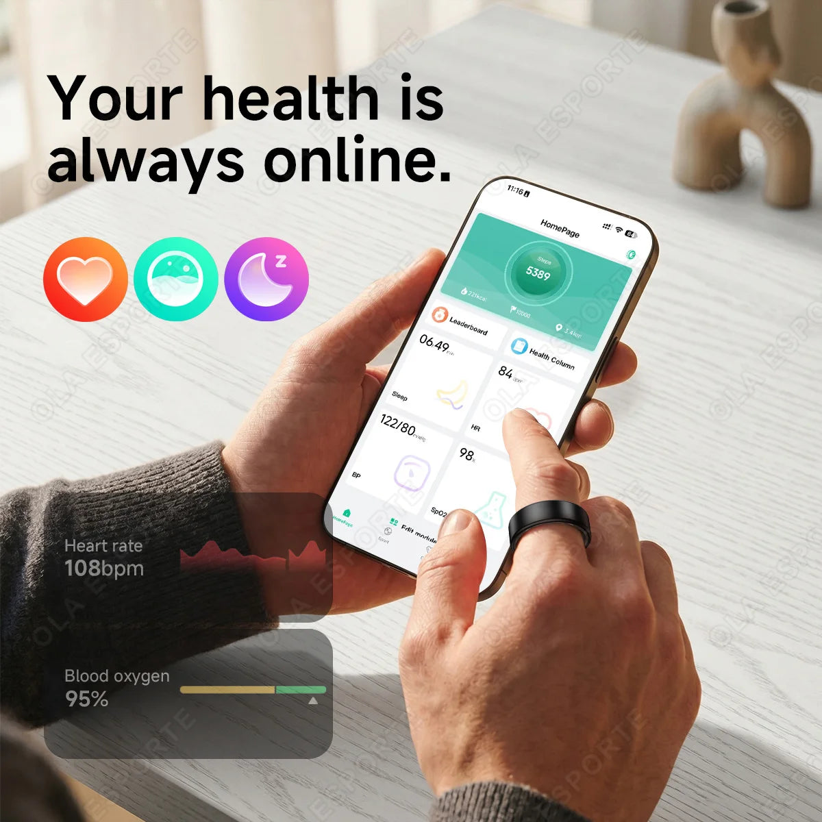 Smart Ring With Case Heart Rate Blood Pressure Sleep Monitoring GPS