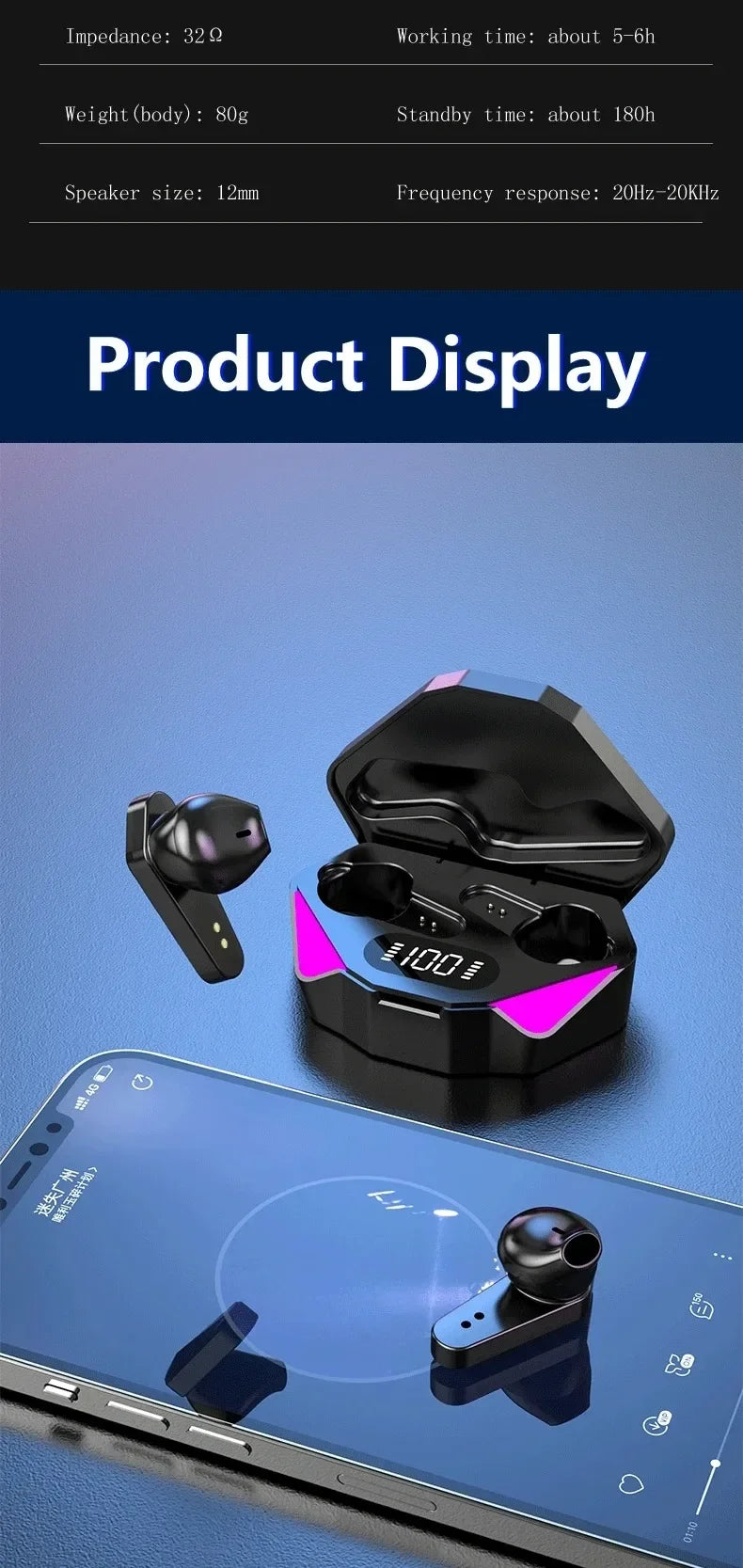 TWS Wireless Bluetooth Headset LED Display Gamer Earbuds With Mic